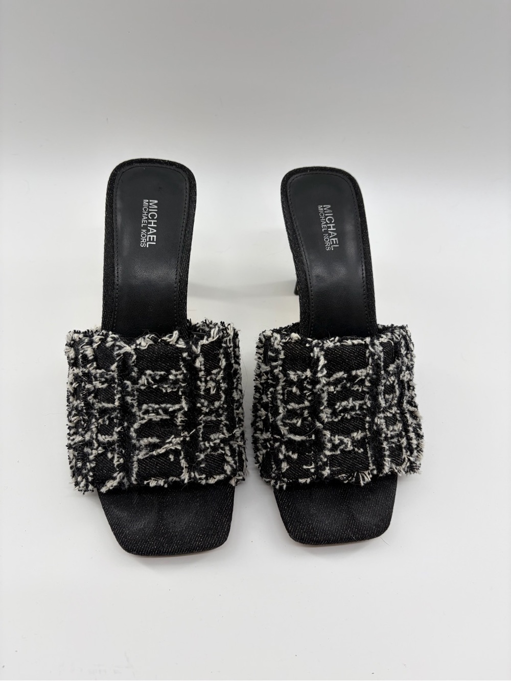 MICHAEL Michael Kors Black & White Frayed Tweed Slide Mules size 8.5 Heels
